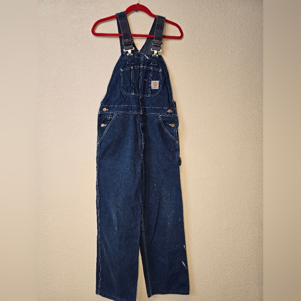 Carhartt Denim Bib Overalls R08 DNM Mens 34x30 Distressed Farmer Vintage USA